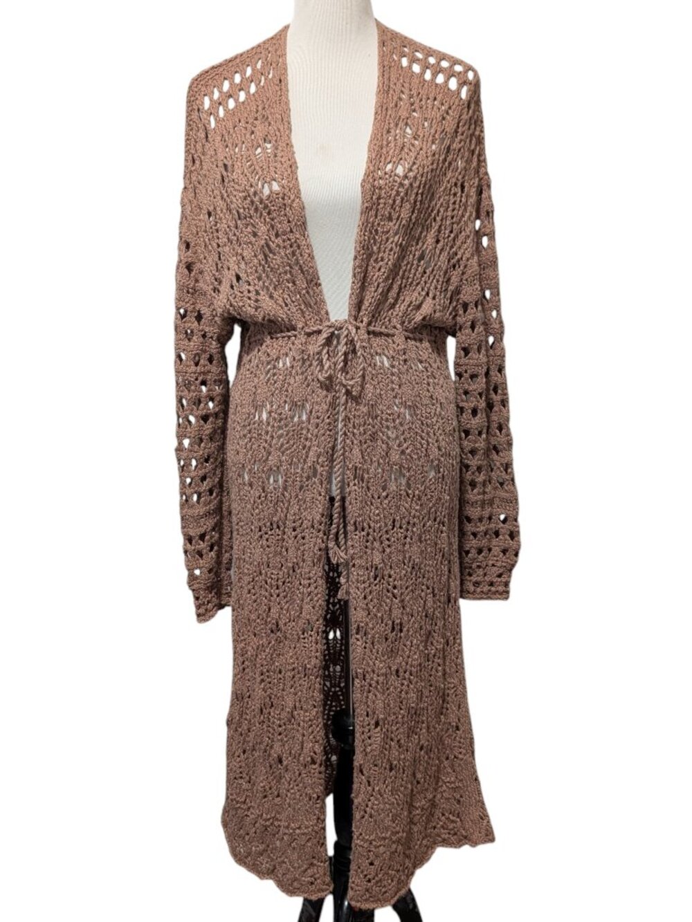 Free People Womens Sz S Brown Street Talker Open Knit Crochet Longline Cardigan
